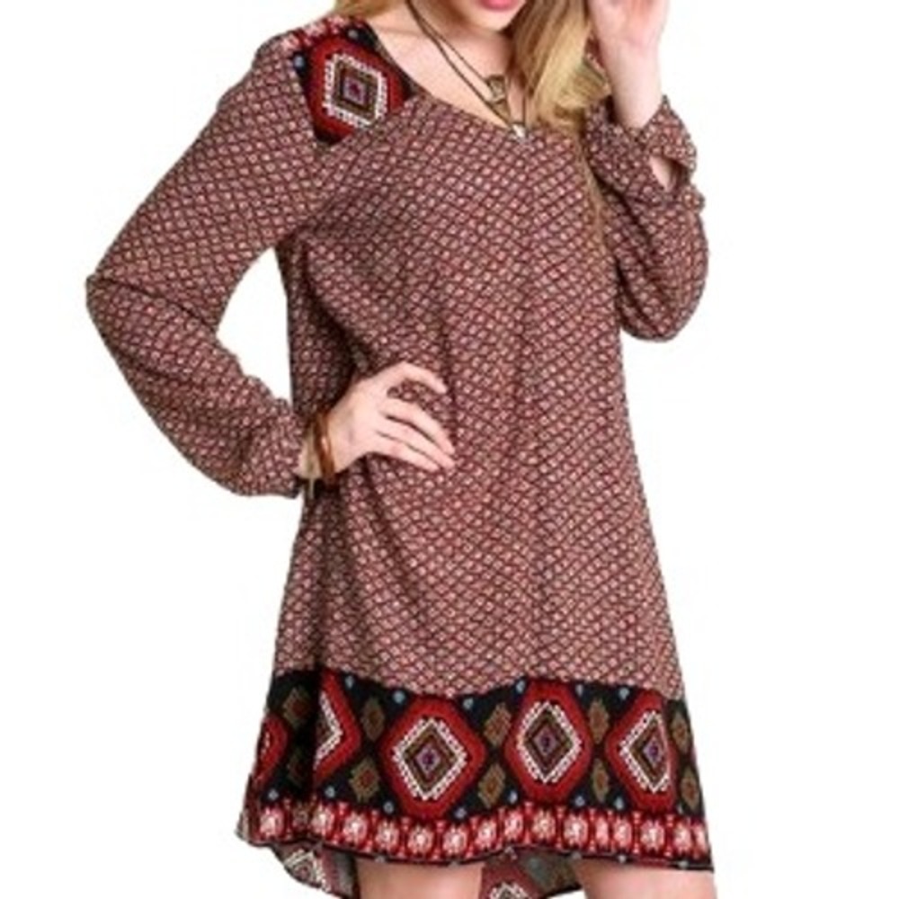 UMGEE Women's Large Rust Brown Long Sleeve V Neck Boho Aztec Western Midi‎ Dress